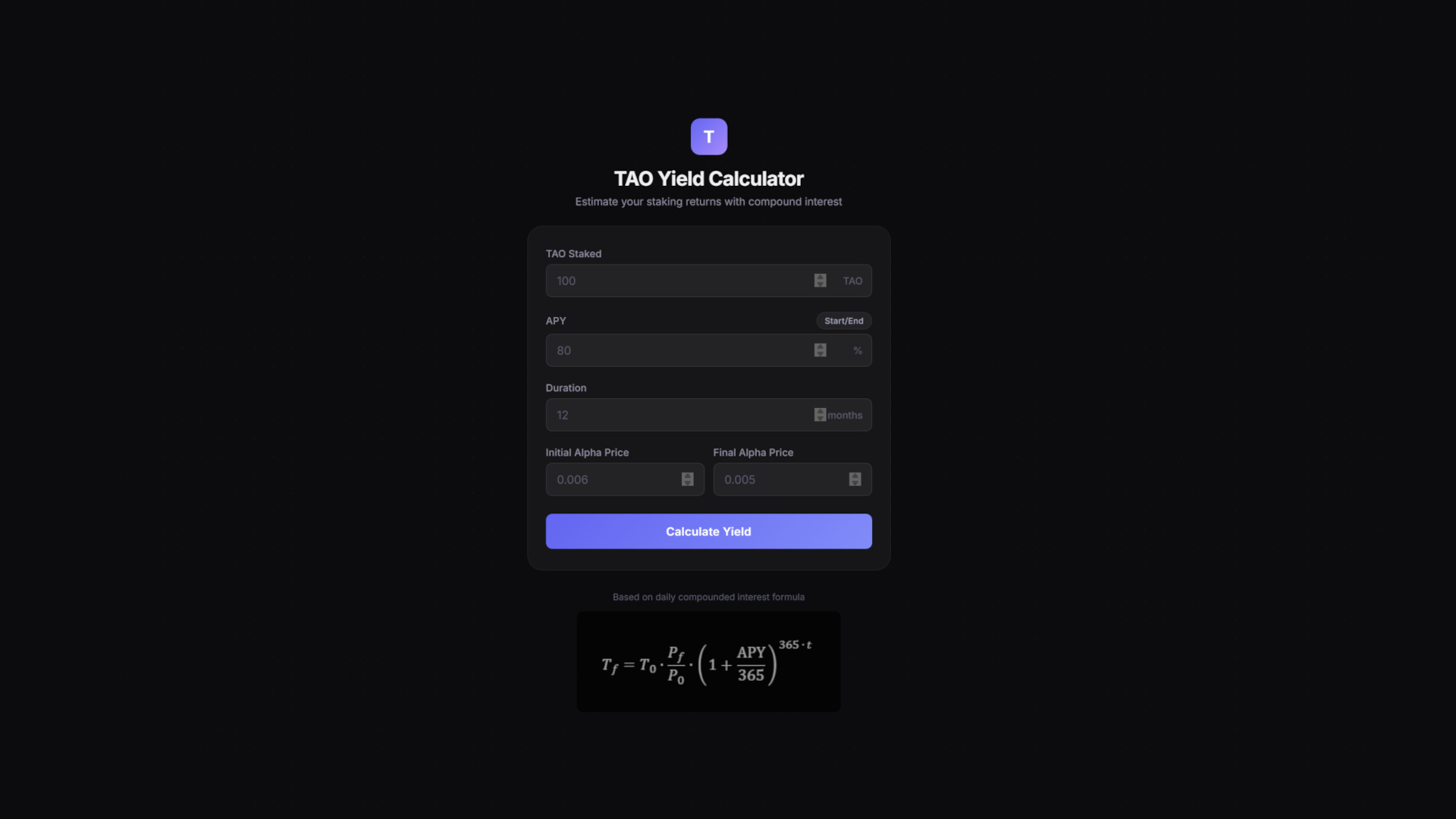 Tao Yield Calculator Preview